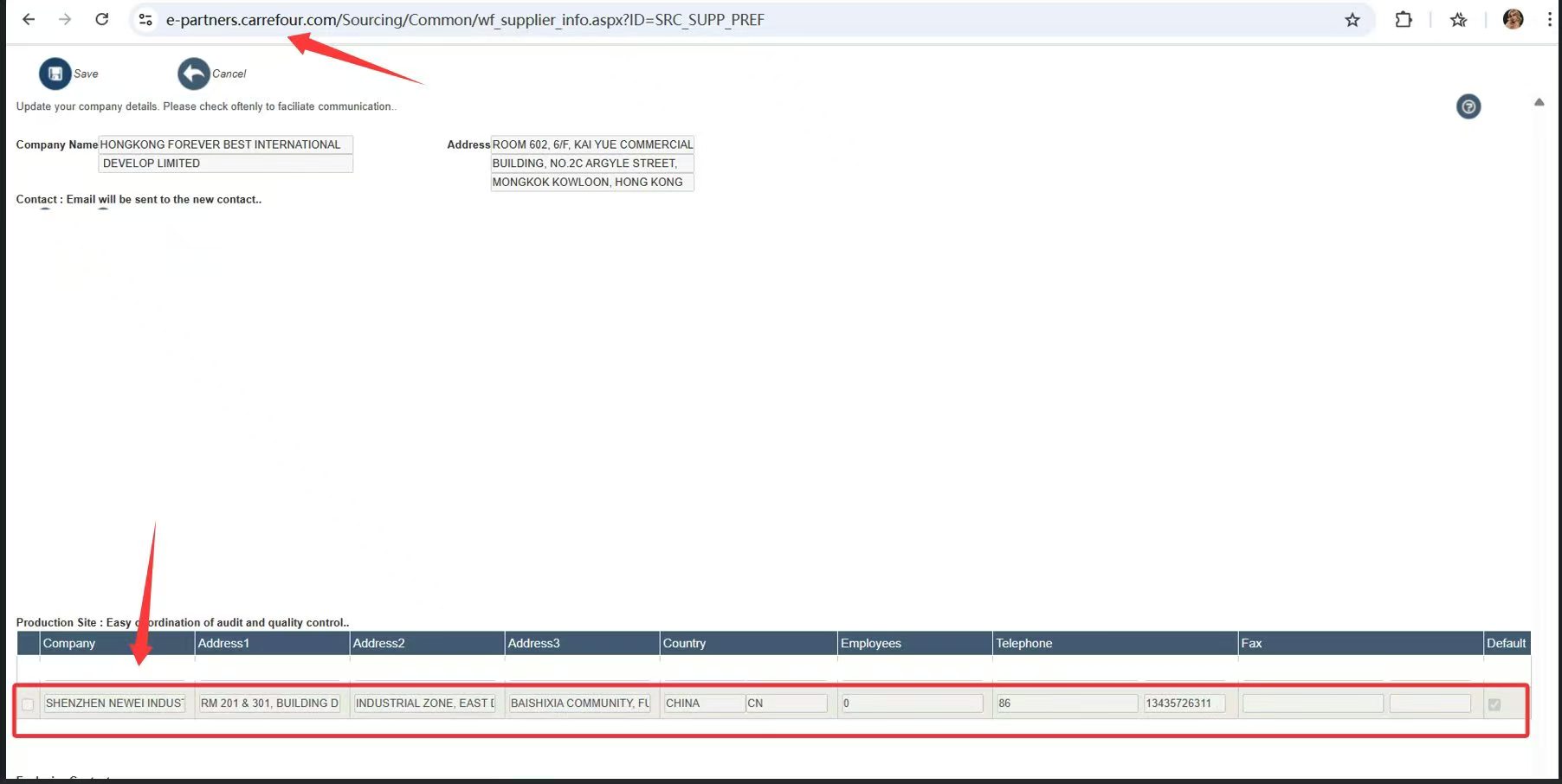 Carrefour supplier portal screenshot showing Hong Kong Forever Best International and Shenzhen Neuwei Industrial production site information