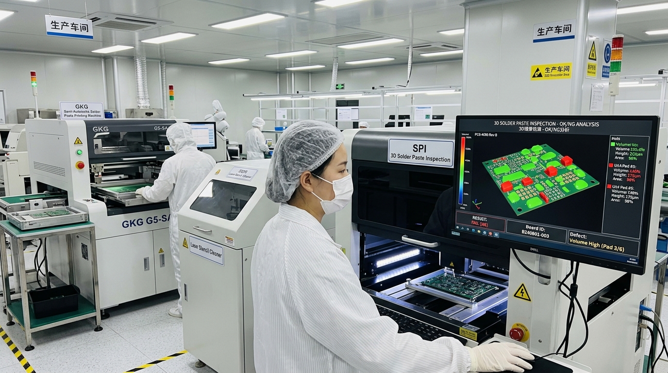Solder paste printing and 3D SPI inspection showing volume/height measurement heatmap