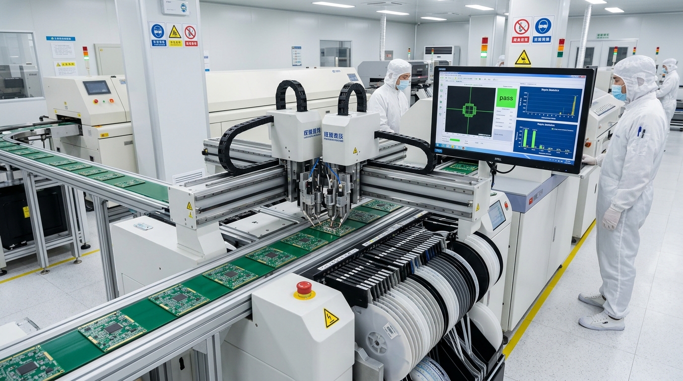 High-speed SMT pick-and-place machine in full production, mounting 0201 components on PCB