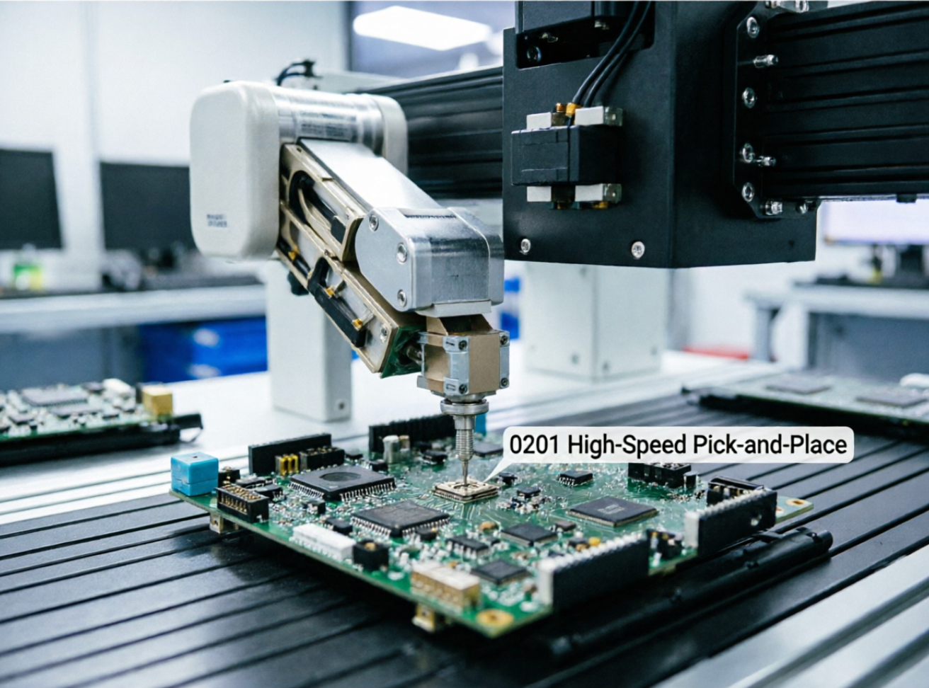 High-speed SMT pick and place machine placing 0201 components on mini PC board