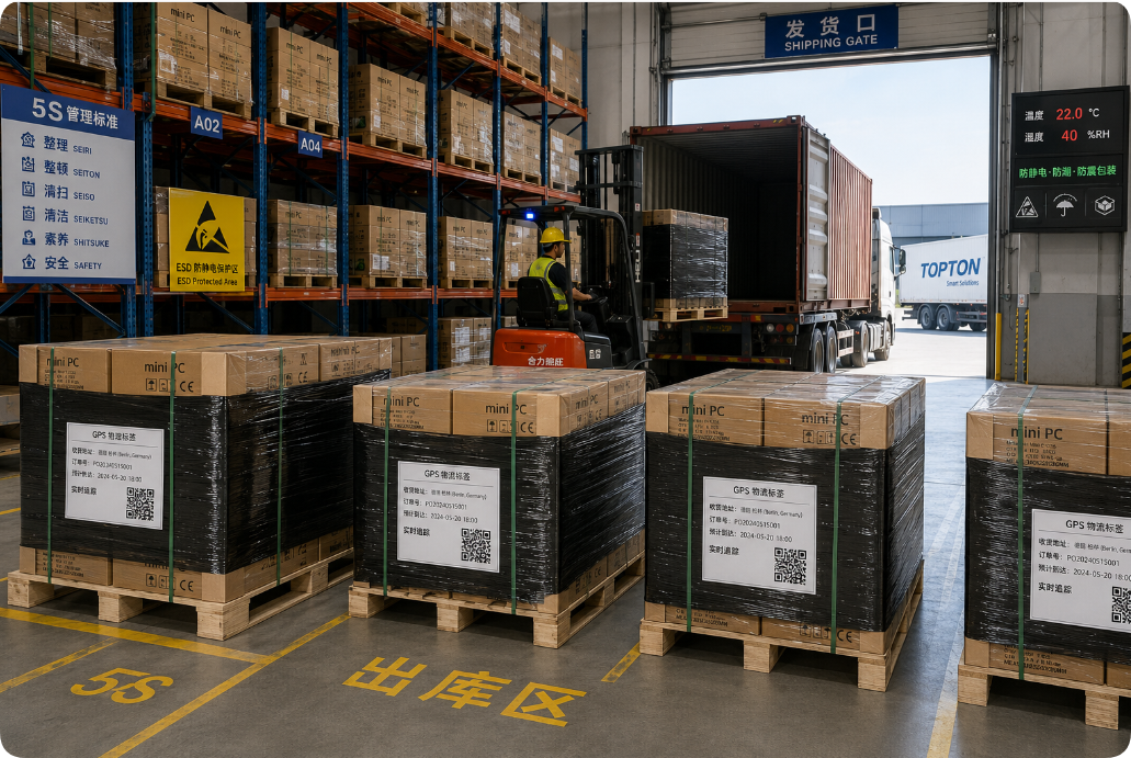 Large‑batch palletized mini PC shipment ready for dispatch