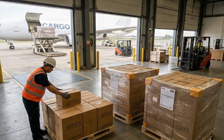 Large batch of PDA terminals packed in cartons and loaded onto pallets for air freight