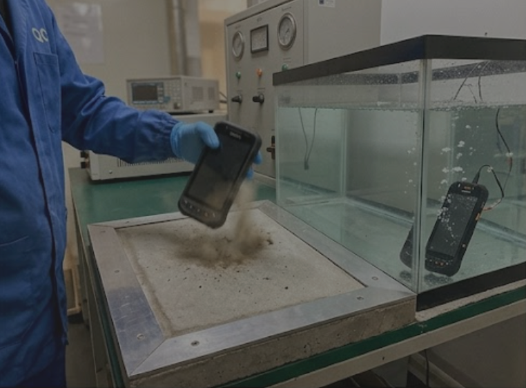 PDA terminal undergoing drop test and IP67 water immersion test at FQC station