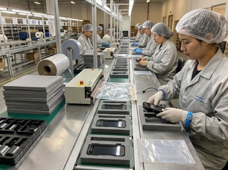 Anti-static packaging line with EPE foam inserts and moisture barrier bags for handheld PDA terminals