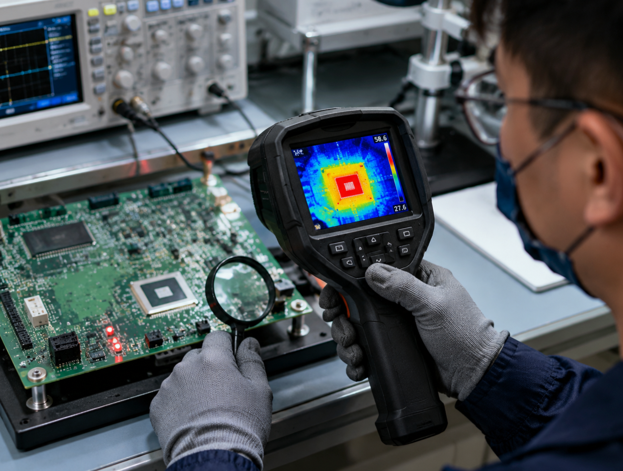 Technician using thermal imaging to inspect BGA solder joints on an SMT assembly