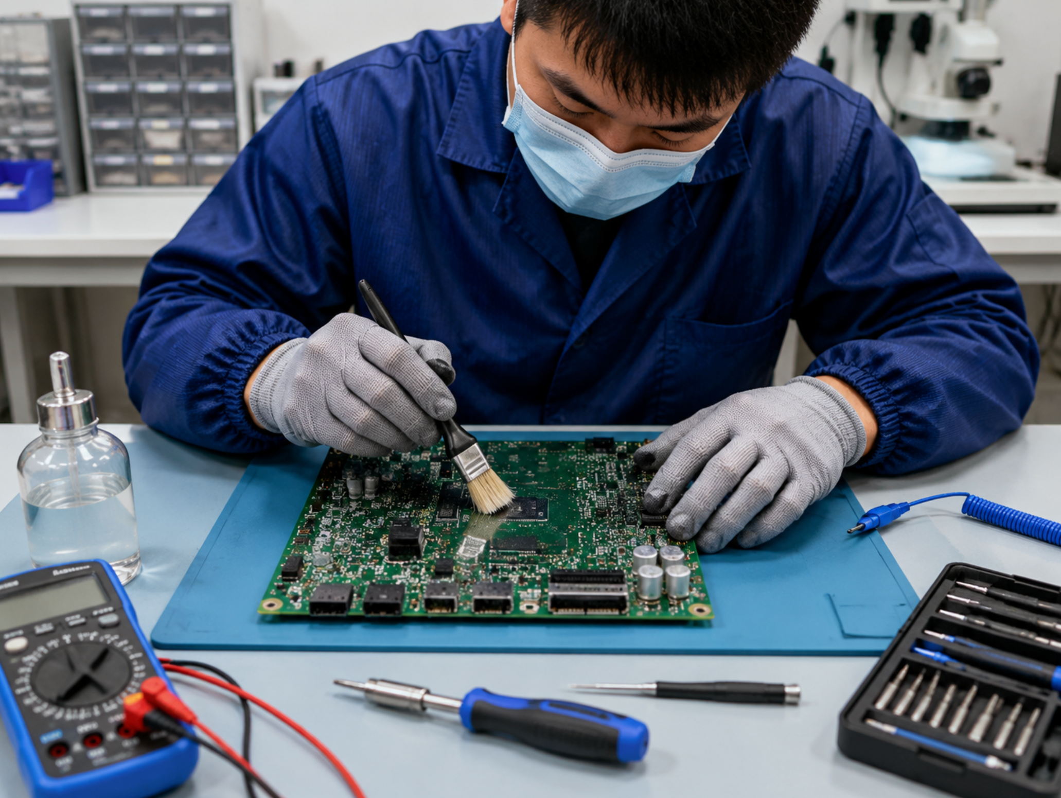 Maintenance engineer cleaning an industrial motherboard with isopropyl alcohol and soft brush