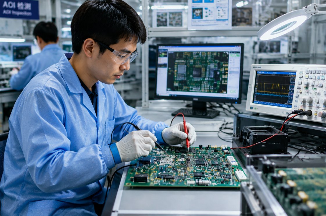 Engineer testing PCBA board with multimeter probe in factory