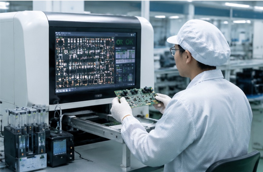 AOI engineer inspecting PCBA board with OK screen display