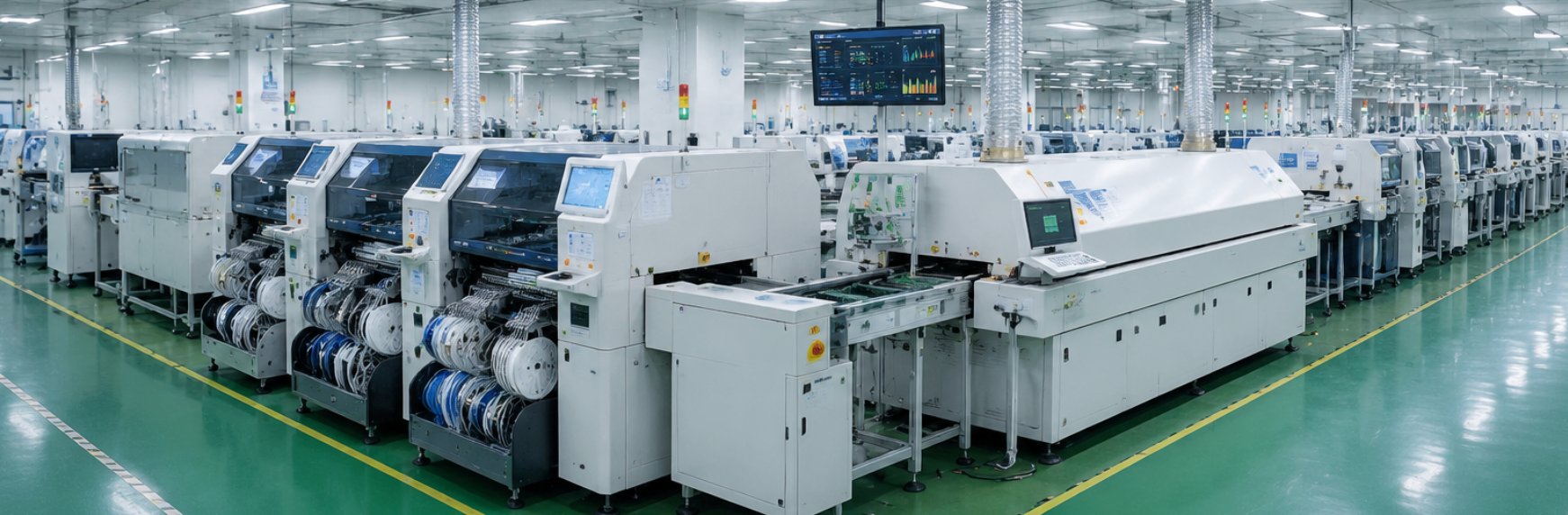 SMT production line with pick-and-place machines and reflow oven