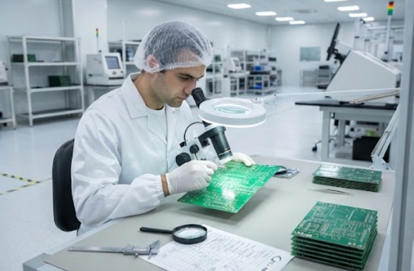 Inspector checking bare PCB under microscope