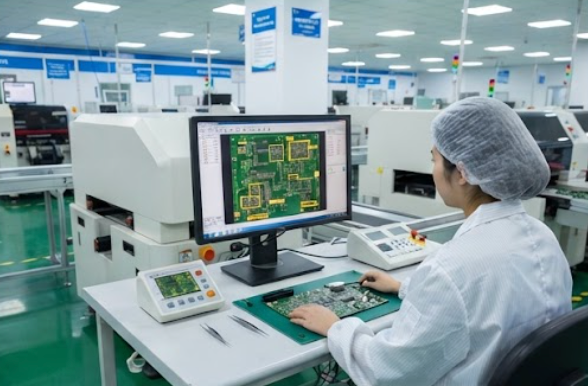 AOI screen showing assembled PCBA inspection