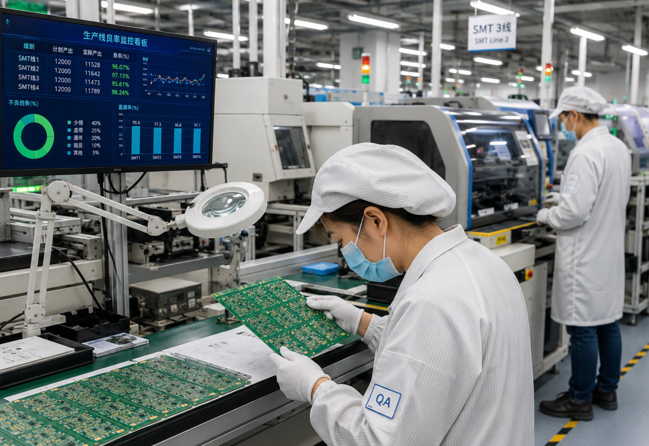 QA inspecting bare board on fabrication line