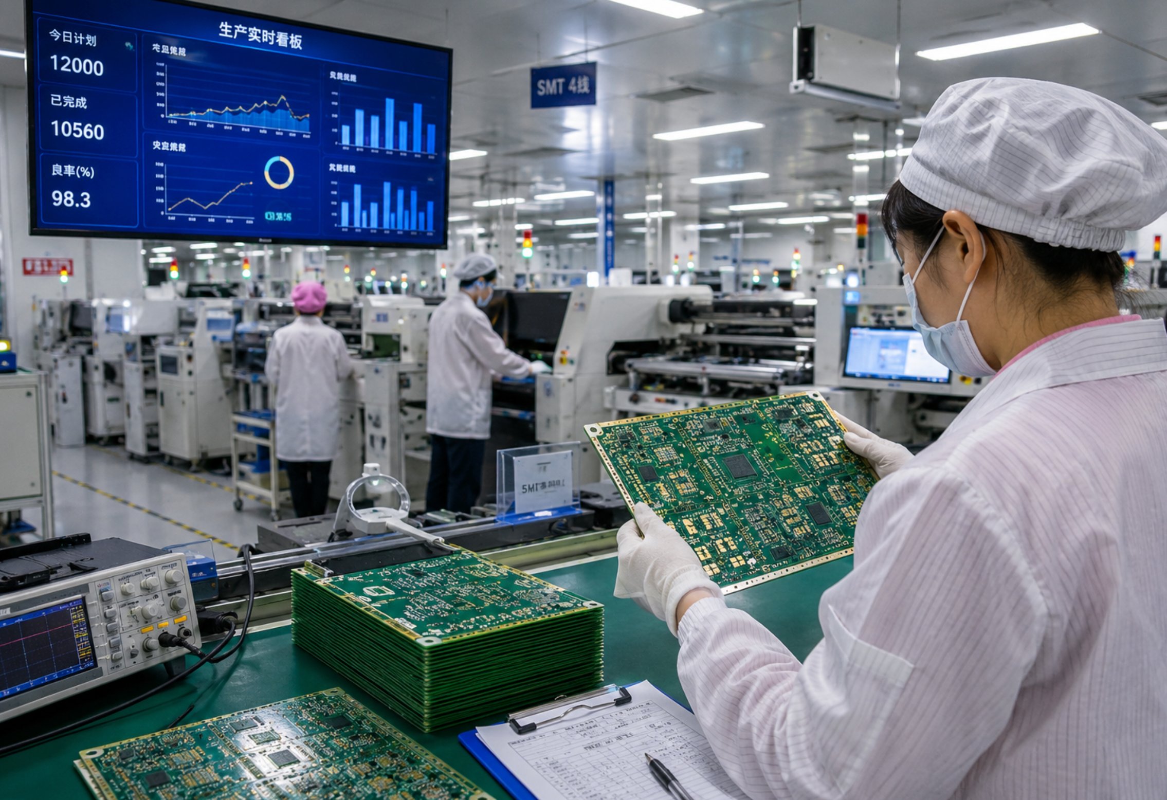 SMT line with high-volume production dashboard