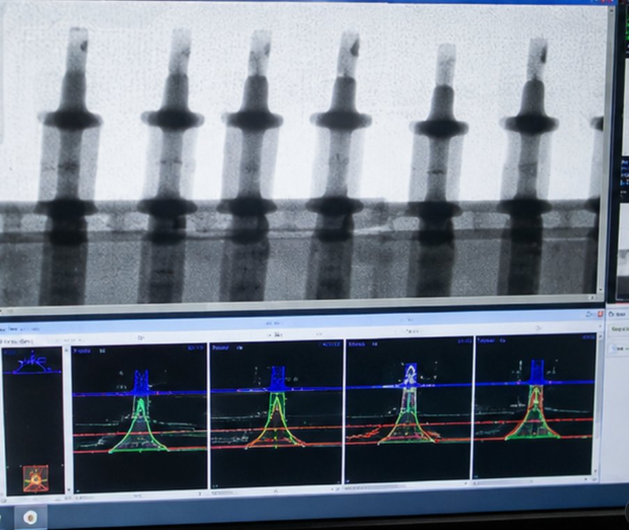 X-ray inspection monitor showing through-hole solder joint barrel fill profiles with AOI analysis curves below