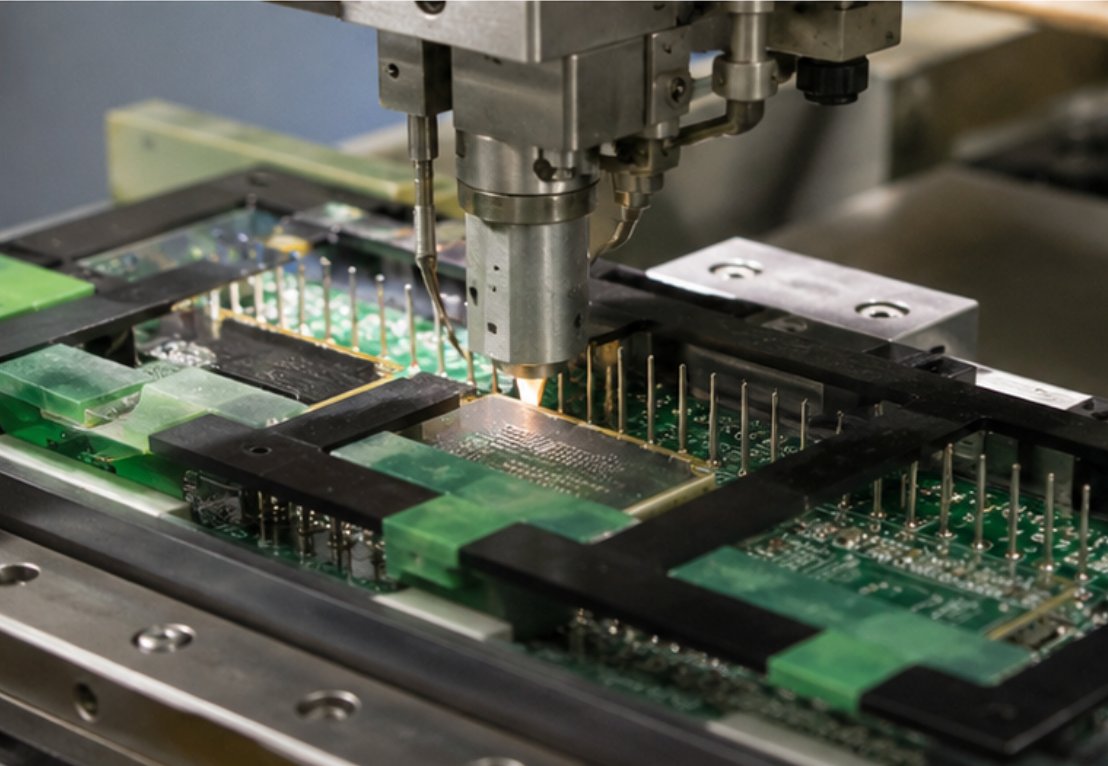 Selective wave soldering nozzle applying solder to a row of DIP pins through a green solder mask fixture