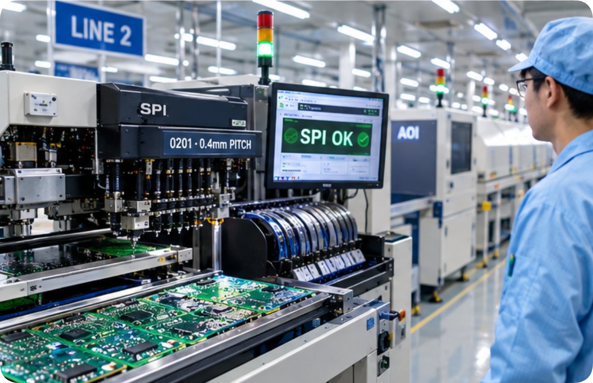 SMT placement line with an SPI pass result on the screen and a panel of PCBs moving along the conveyor at the neweiodm factory