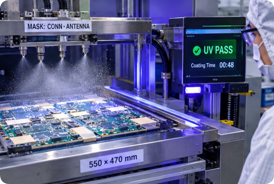 Conformal coating spray station applying a transparent layer to a PCB panel with connector and antenna areas masked