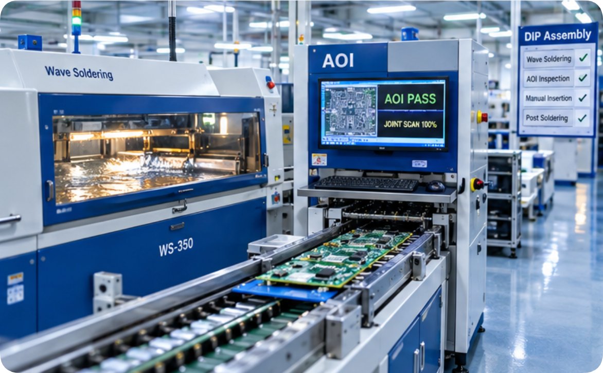 Wave soldering machine and AOI inspection station in the DIP assembly line Wave soldering machine and AOI inspection station in the DIP assembly line