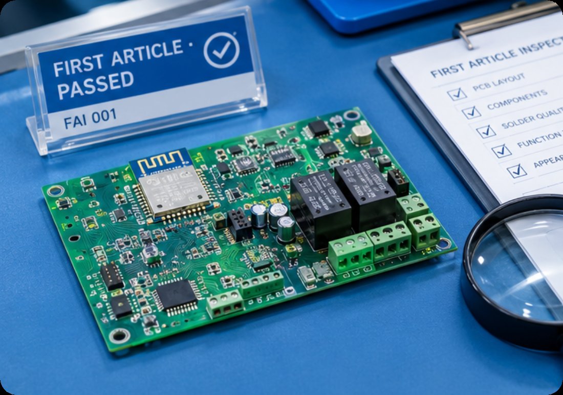 First article smart home PCB with relay modules passing FAI 001 inspection next to a checklist