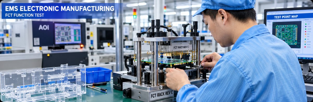 Engineer verifying an FCT test rack on the EMS production line Engineer verifying an FCT test rack on the EMS production line