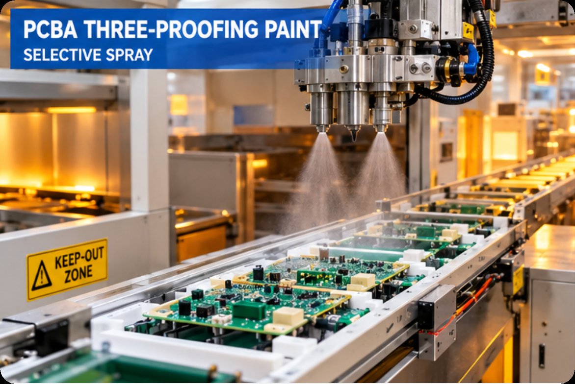 Selective conformal coating spray on the automated three-proofing paint line Selective conformal coating spray on the automated three-proofing paint line