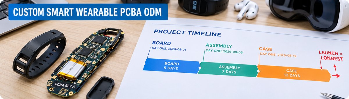 Wearable PCBA project timeline showing three supplier calendars running one after another