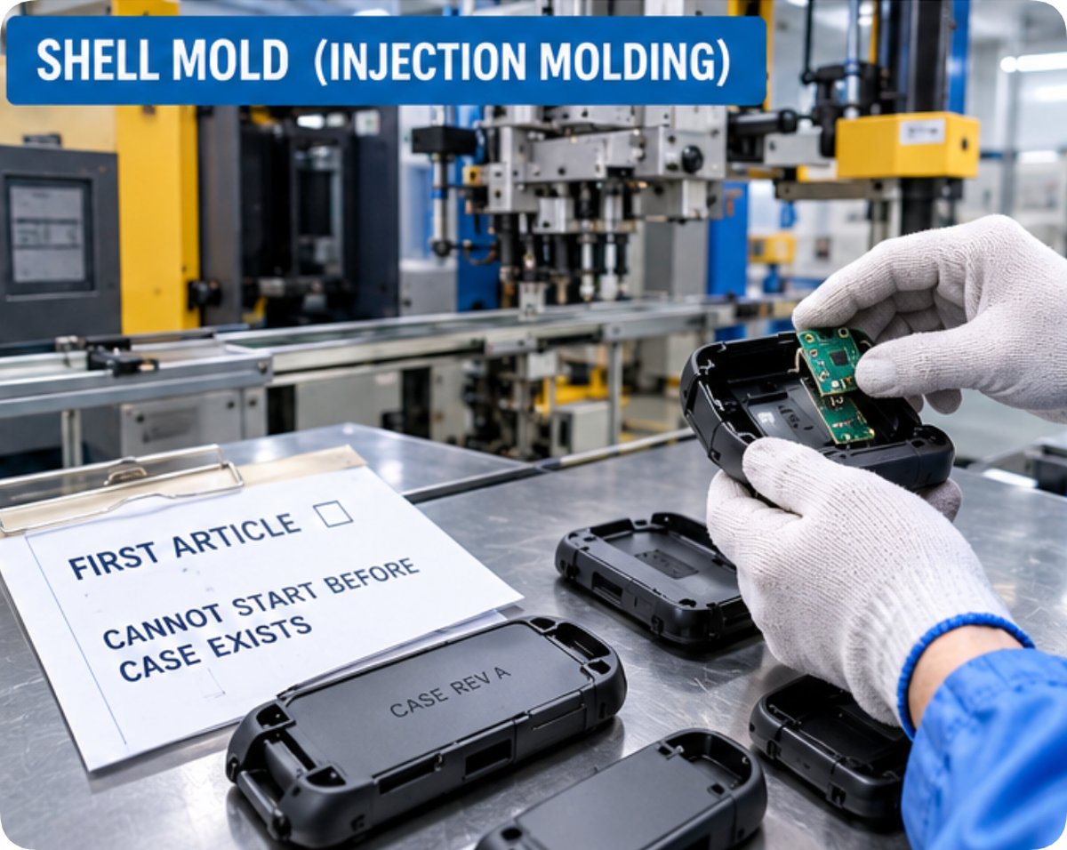 Injection moulded case samples being trial fitted with the first article board