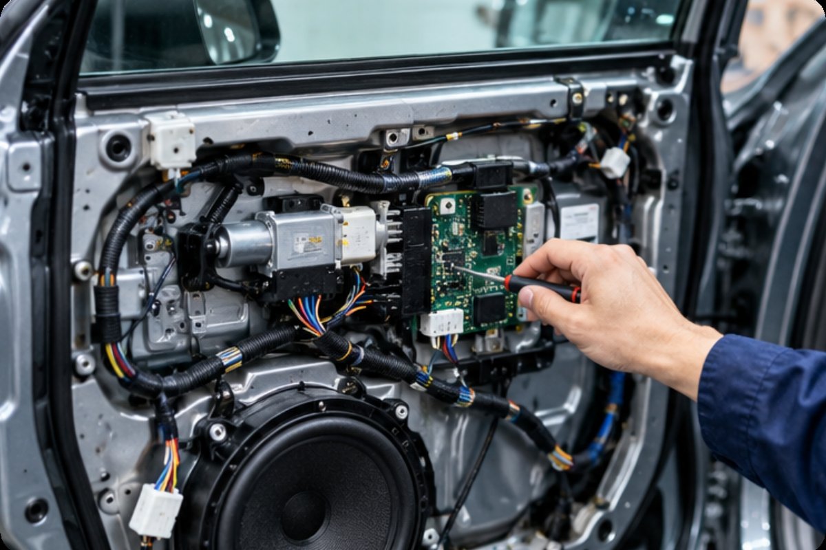 car door panel opened to expose the automotive PCBA inside car door panel opened to expose the automotive PCBA inside