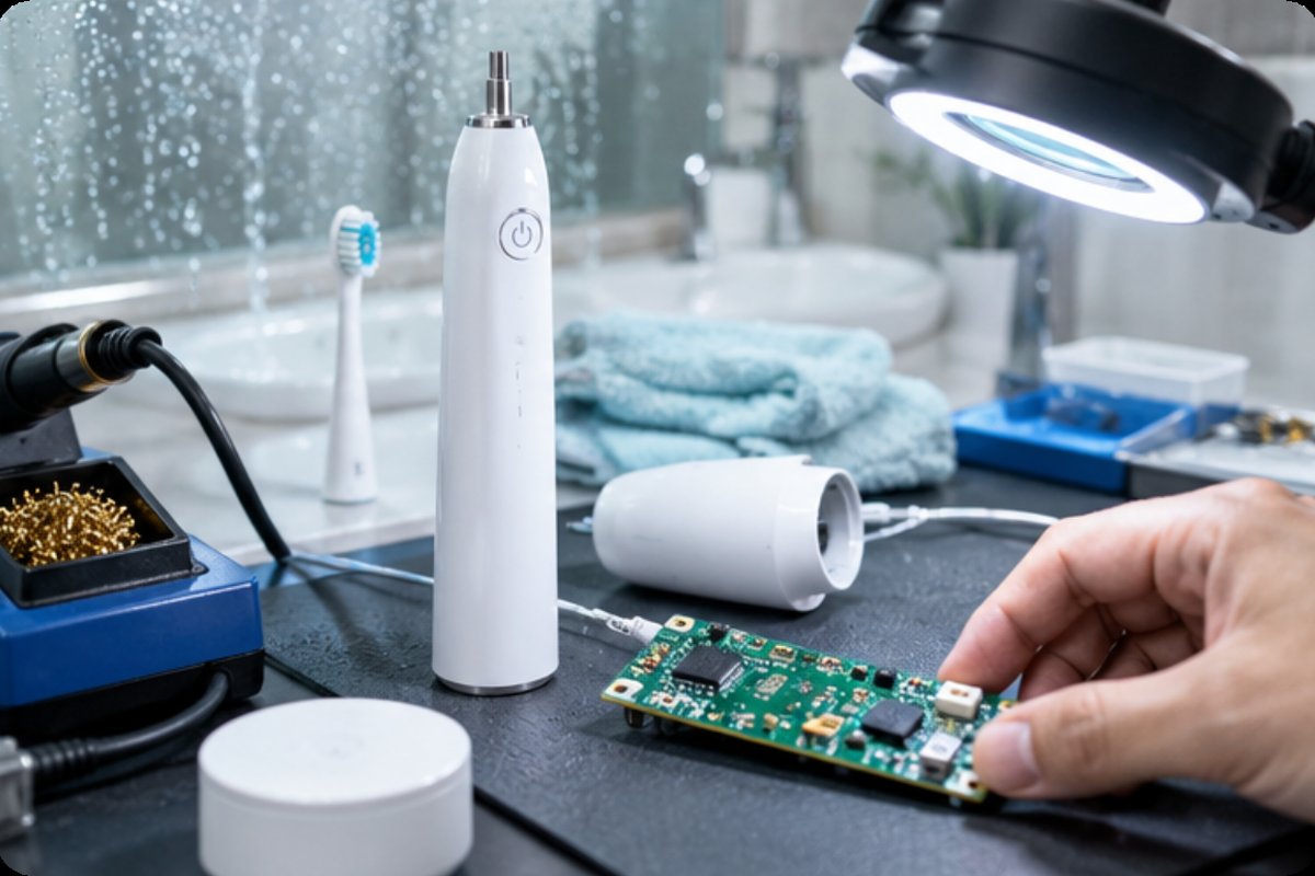 electric toothbrush next to its smart home products PCB on a workbench electric toothbrush next to its smart home products PCB on a workbench