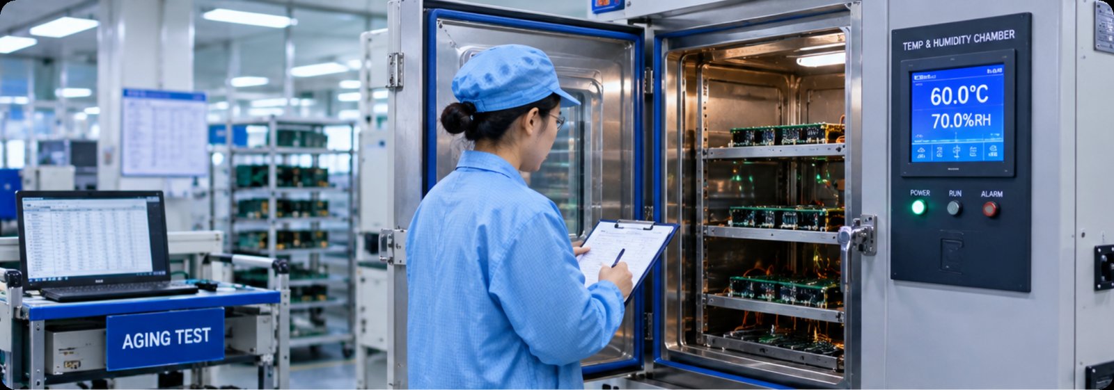 Technician logging readings at a temperature and humidity aging chamber