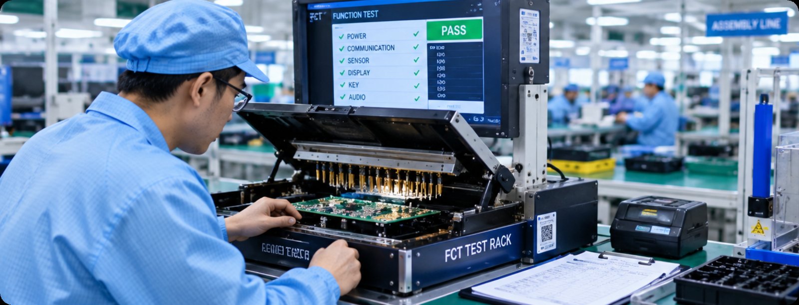 Engineer running an FCT test rack with spring-loaded probes on a PCBA