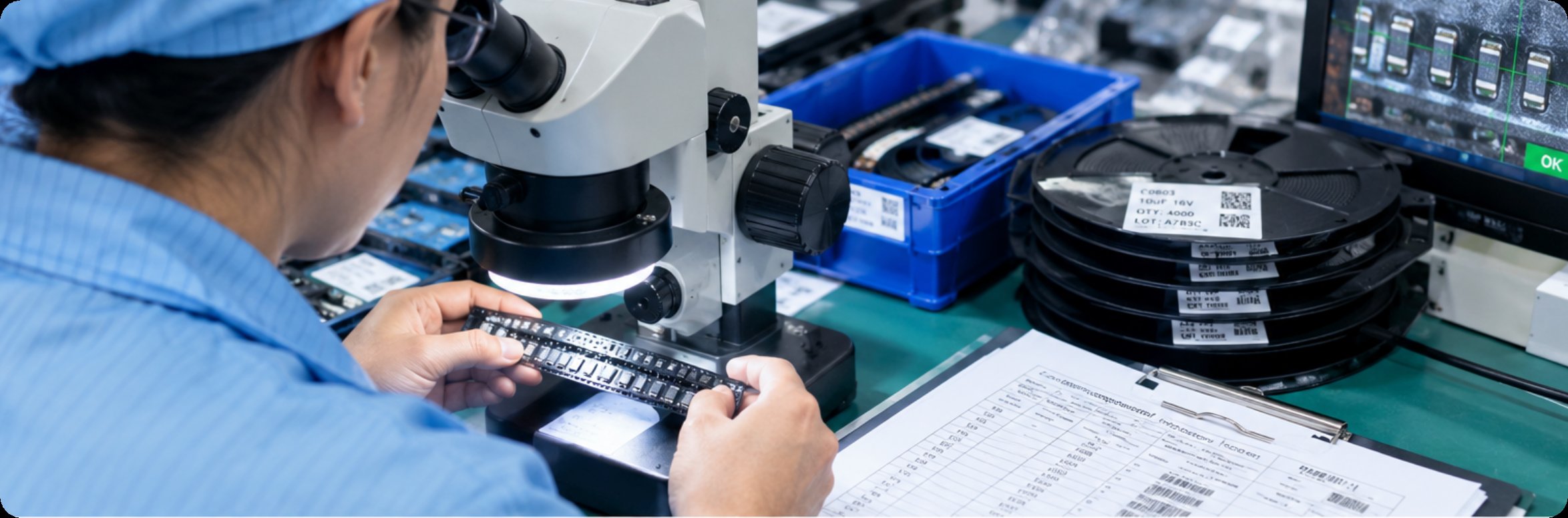An inspector checking component reels under a microscope against a sourcing checklist at the incoming bench An inspector checking component reels under a microscope against a sourcing checklist at the incoming bench