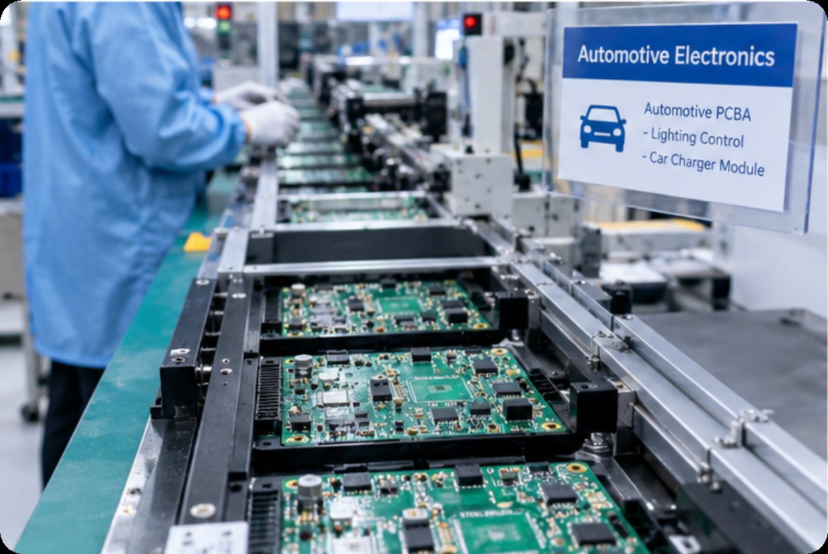 Automotive PCBA boards for lighting control and car charger modules moving along a production line Automotive PCBA boards for lighting control and car charger modules moving along a production line