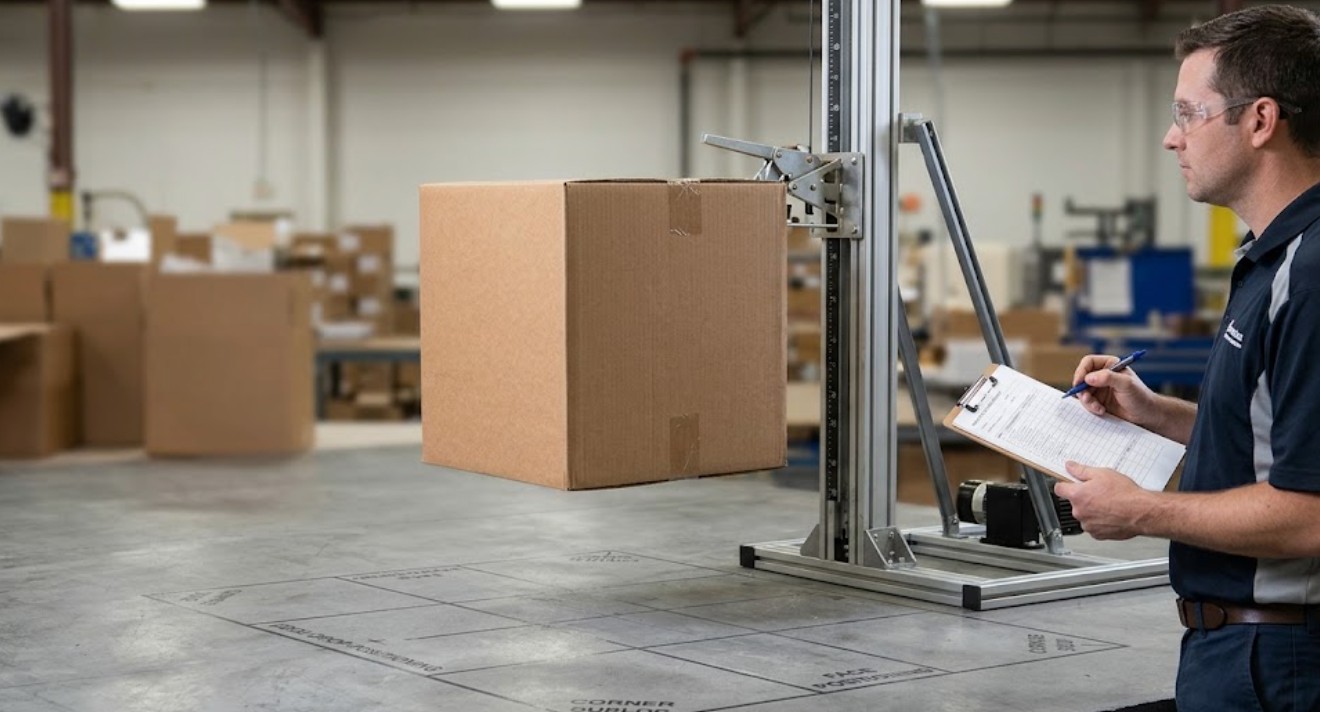 A packed shipping carton positioned on a drop test rig in a factory packing area with markings for corner and edge drops A packed shipping carton positioned on a drop test rig in a factory packing area with markings for corner and edge drops