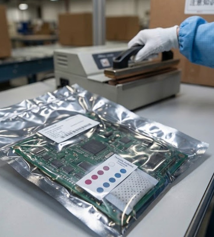 A vacuum-sealed moisture barrier bag containing a circuit board with a humidity indicator card visible beside the desiccant pouch A vacuum-sealed moisture barrier bag containing a circuit board with a humidity indicator card visible beside the desiccant pouch