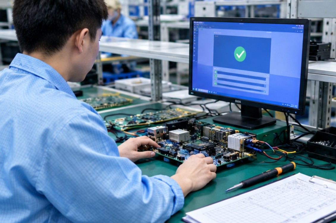 Technician running power-on test on a custom industrial PC board during the ODM pilot run Technician running power-on test on a custom industrial PC board during the ODM pilot run