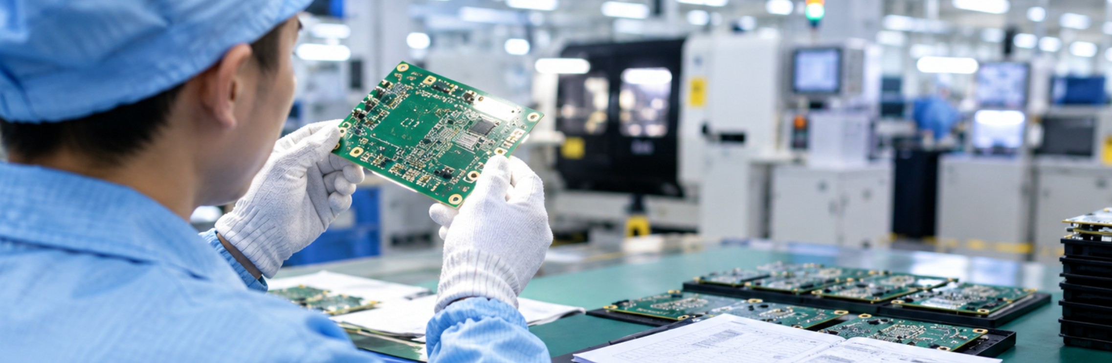 Engineer inspecting a freshly fabricated multilayer PCB sample panel at the receiving bench Engineer inspecting a freshly fabricated multilayer PCB sample panel at the receiving bench