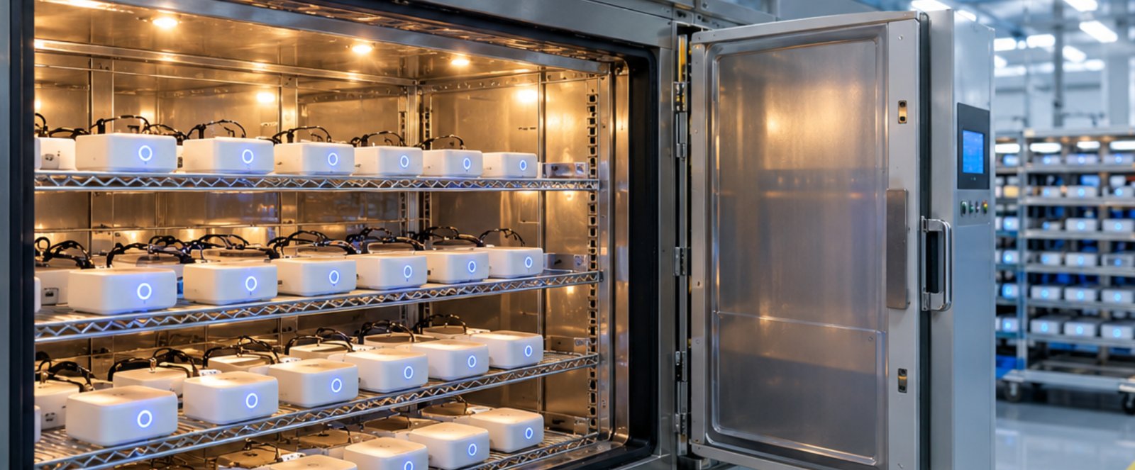 aging-bench-chamber-door-performance_test rows of powered smart home units inside an aging test chamber