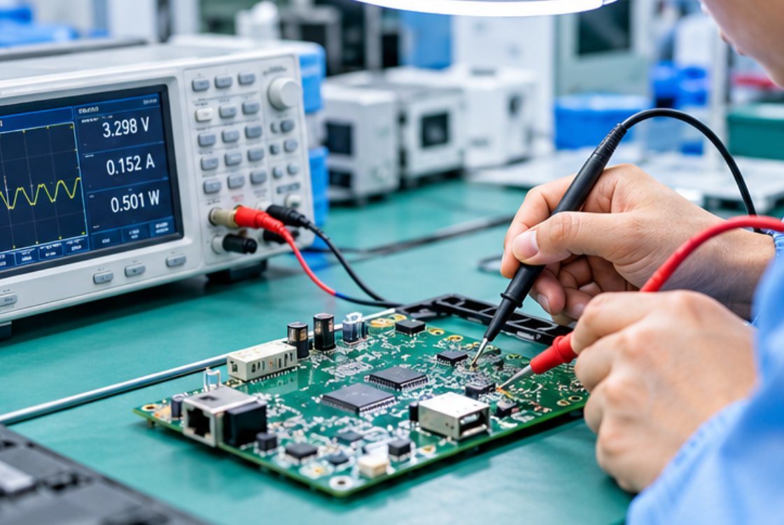 custom-smart-home-pcb-first-article-performance_test engineer probing a bare custom smart home PCB with bench instrument readings