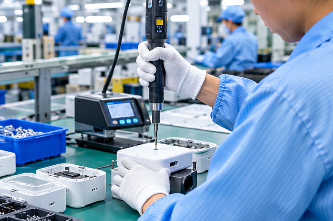 product-assembly-torque-station-performance_test operator closing a smart home device housing with an electric screwdriver at a torque station
