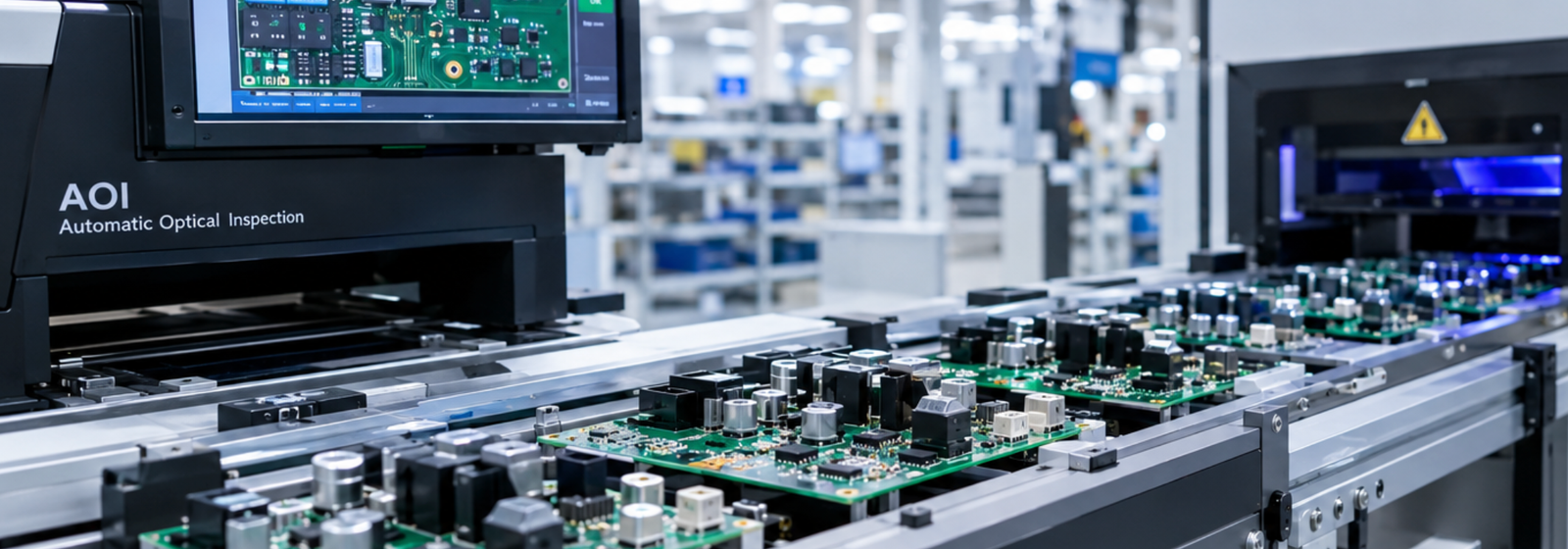 custom_automotive_electronics-smt_assembly-automotive-pcba-line Automotive PCBA boards with power components on an SMT conveyor passing the AOI inspection station