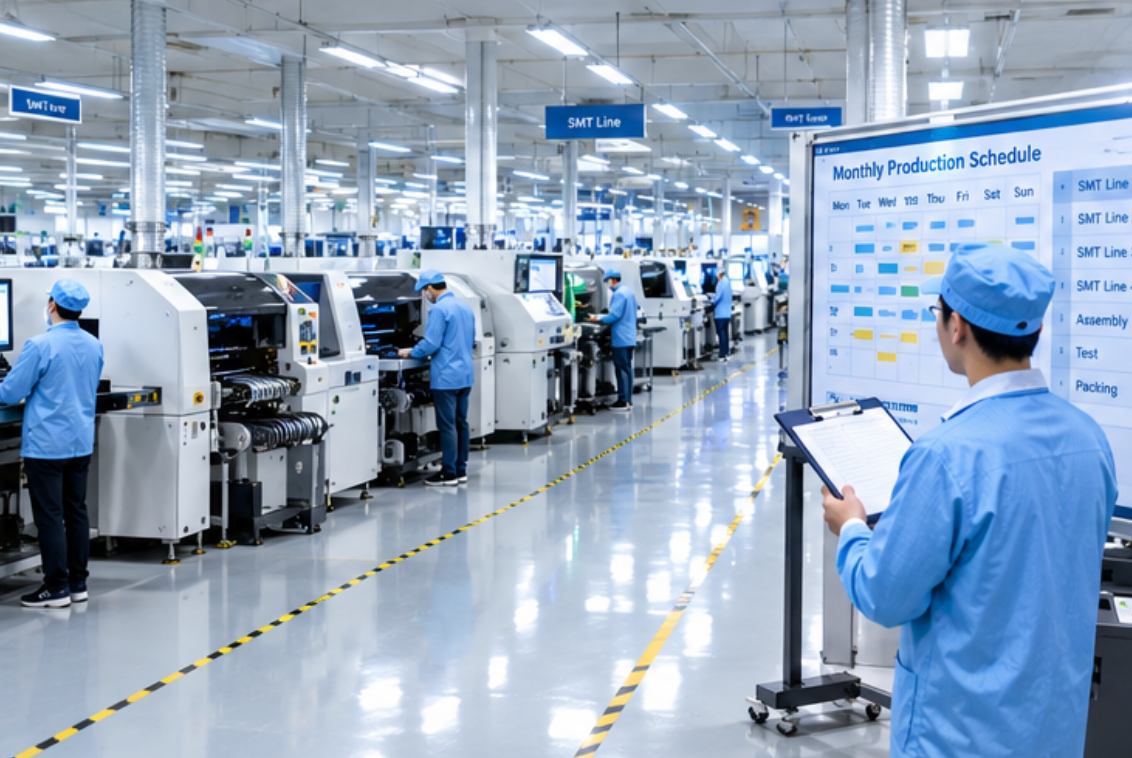 ems_electronic_manufacturing-smt_assembly-line-booking Engineer checking a monthly production schedule board in front of parallel SMT lines