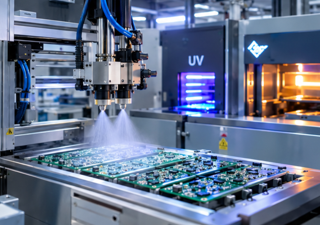 pcba_threeproofing_paint-smt_assembly-spray-line Automated conformal coating spray heads applying three-proofing paint to PCBA boards with UV inspection behind
