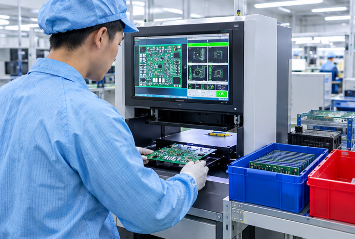 Operator reviewing the inline plug-in AOI screen beside the insertion bench