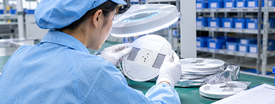 IQC inspector verifying SMD reel labels against the first-piece record at the receiving bench